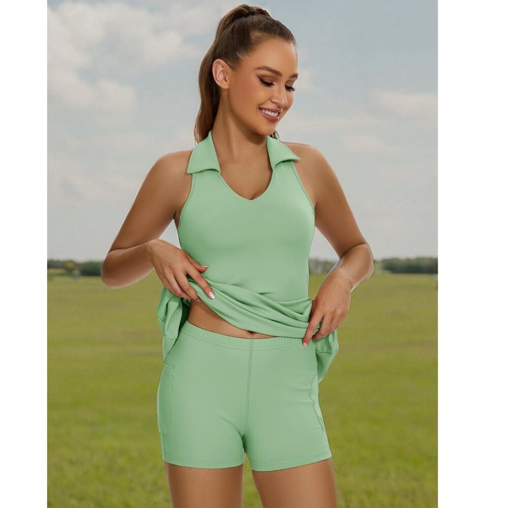 NWT Women’s Sleeveless Tennis Mini Dress with Shorts - Light Mint Green XL